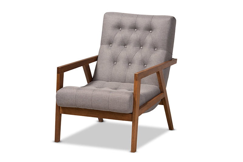 Kalimantan Mid-Century Modern Gray Fabric Upholstered Walnut Finished Wood 2-Piece Armchair and Footstool Set