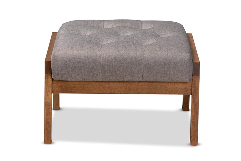 Kalimantan Mid-Century Modern Gray Fabric Upholstered Walnut Finished Wood Footstool