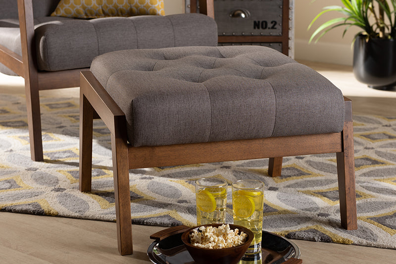 Kalimantan Mid-Century Modern Gray Fabric Upholstered Walnut Finished Wood Footstool