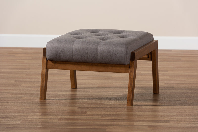 Kalimantan Mid-Century Modern Gray Fabric Upholstered Walnut Finished Wood Footstool