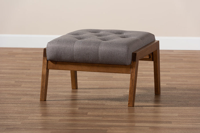 Kalimantan Gray Fabric Upholstered Walnut Footstool Baxton