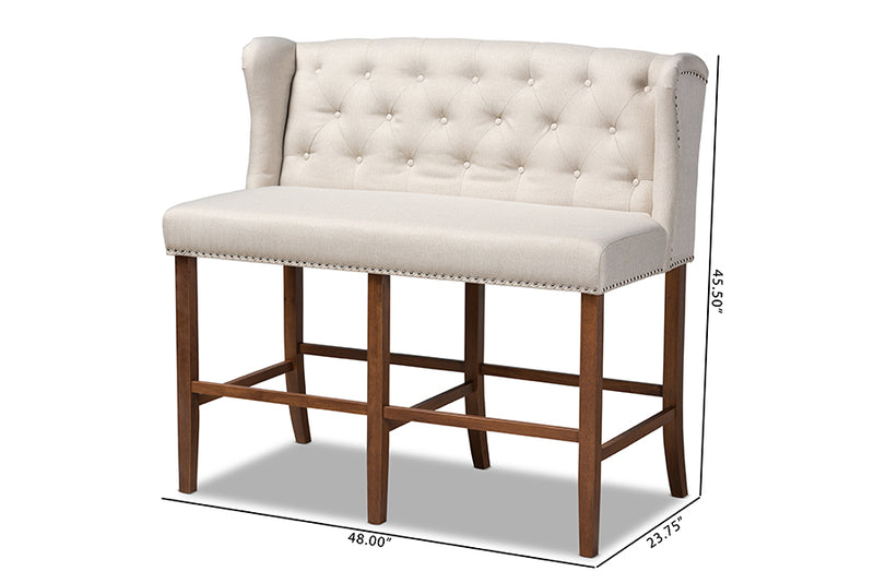 Okena Modern and Contemporary Beige Fabric Upholstered Walnut Finished Wood Button Tufted Bar Stool Bench