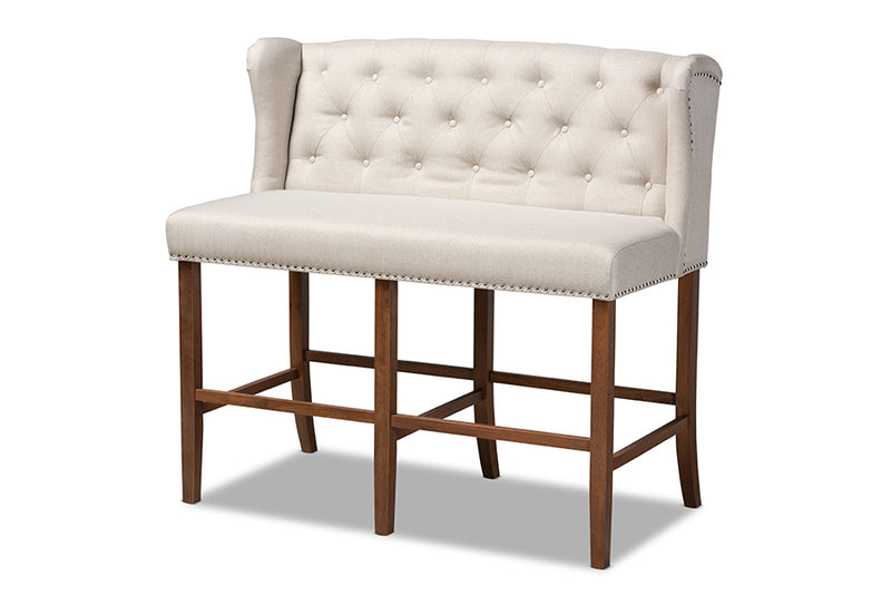 Okena Modern and Contemporary Beige Fabric Upholstered Walnut Finished Wood Button Tufted Bar Stool Bench