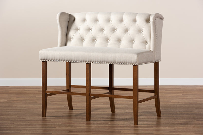 Okena Modern and Contemporary Beige Fabric Upholstered Walnut Finished Wood Button Tufted Bar Stool Bench