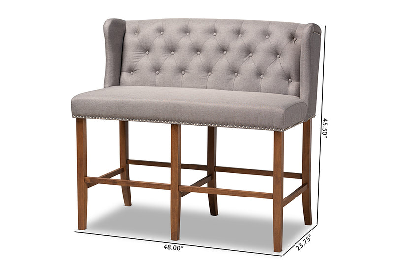 Okena Modern and Contemporary Gray Fabric Upholstered Walnut Finished Wood Button Tufted Bar Stool Bench