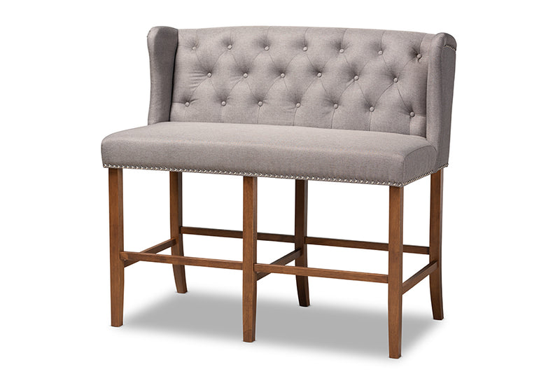 Okena Modern and Contemporary Gray Fabric Upholstered Walnut Finished Wood Button Tufted Bar Stool Bench