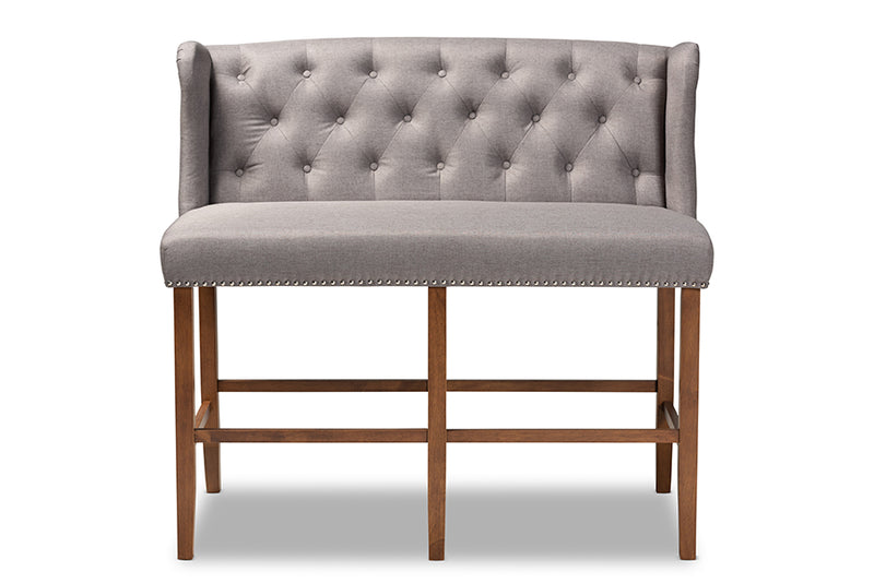 Okena Modern and Contemporary Gray Fabric Upholstered Walnut Finished Wood Button Tufted Bar Stool Bench