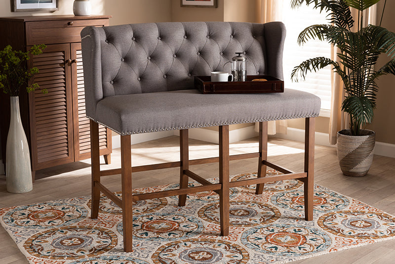 Okena Modern and Contemporary Gray Fabric Upholstered Walnut Finished Wood Button Tufted Bar Stool Bench