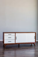 Melbourne 3 Drawers & 2 Sliding Doors Large TV Stand, Acorn/White Alpine