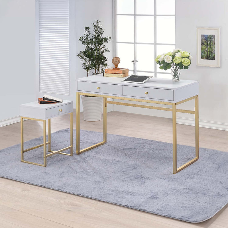 Coleen Rectangular Accent Table, White & Brass Finish Acme