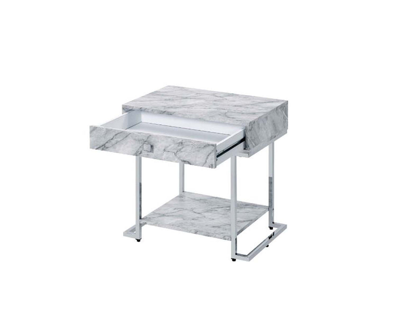 Wither Rectangular Accent Table, White Printed Faux Marble & Chrome Finish Acme