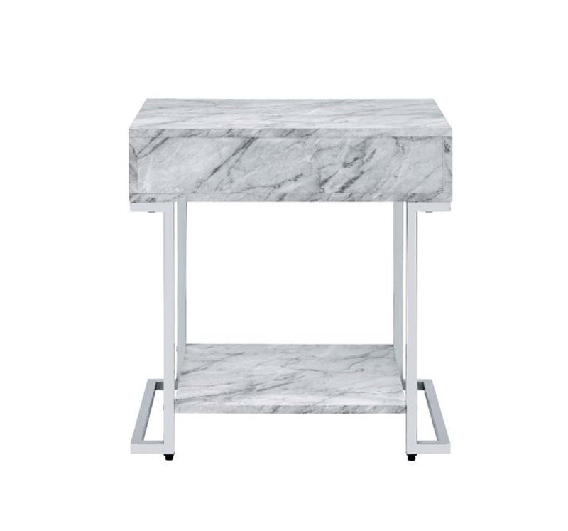 Wither Rectangular Accent Table, White Printed Faux Marble & Chrome Finish Acme