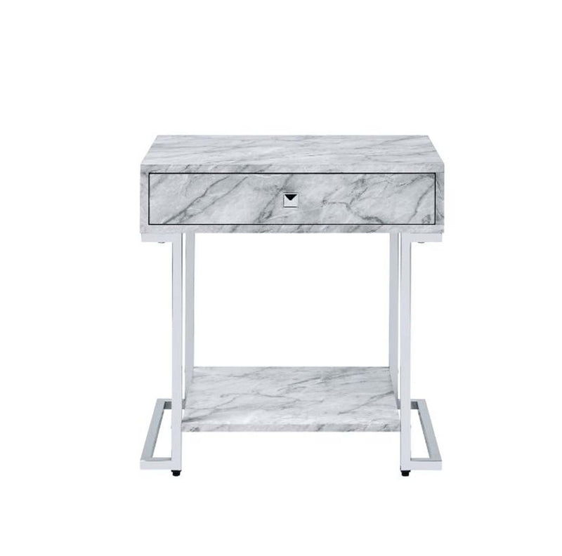 Wither Rectangular Accent Table, White Printed Faux Marble & Chrome Finish Acme