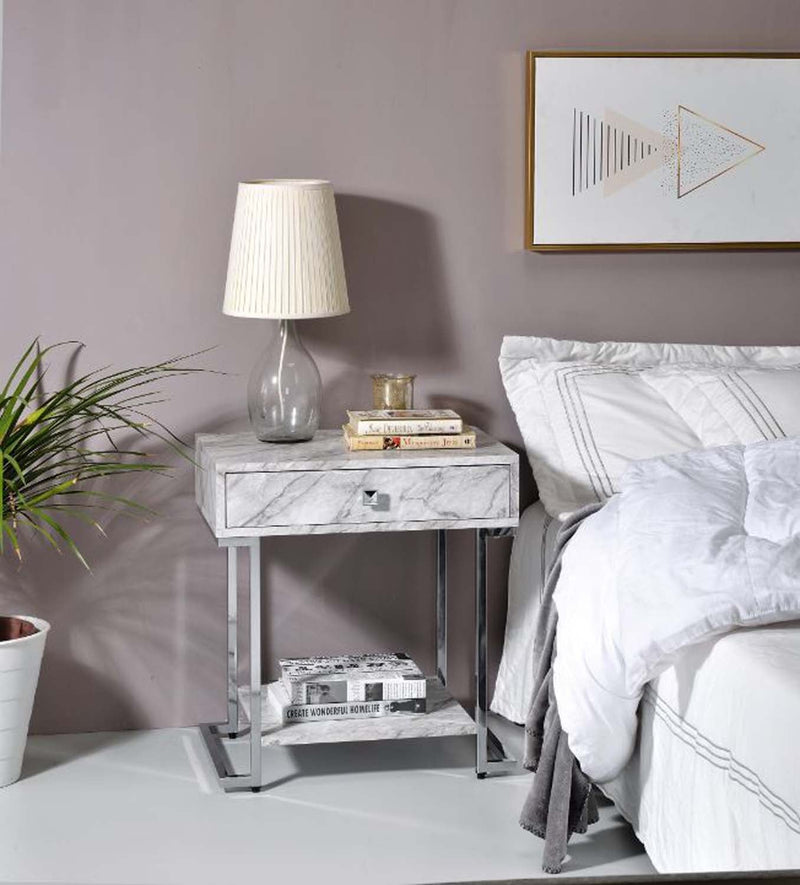 Wither Rectangular Accent Table, White Printed Faux Marble & Chrome Finish Acme