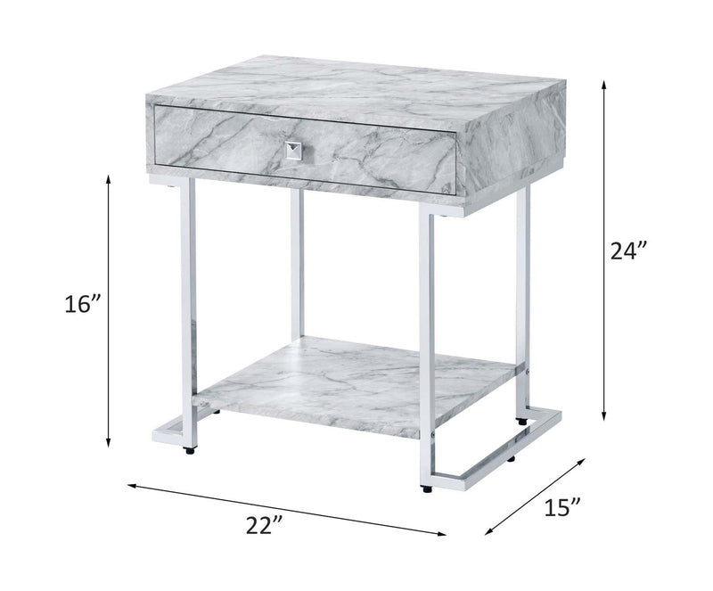 Wither Rectangular Accent Table, White Printed Faux Marble & Chrome Finish Acme