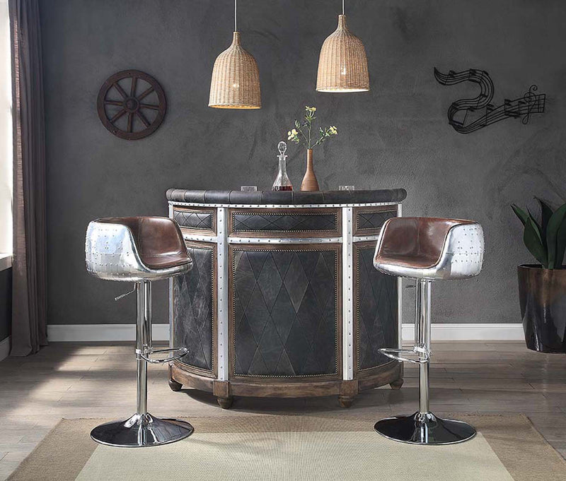 Rahma Bar Table, Antique Ebony Top Grain Leather & Aluminum Acme