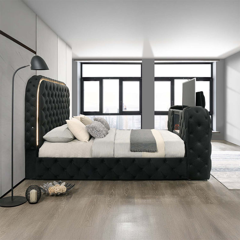 Kana Eastern King Bed w/LED, Fireplace & TV Stand, Black Upholstery Velvet Acme