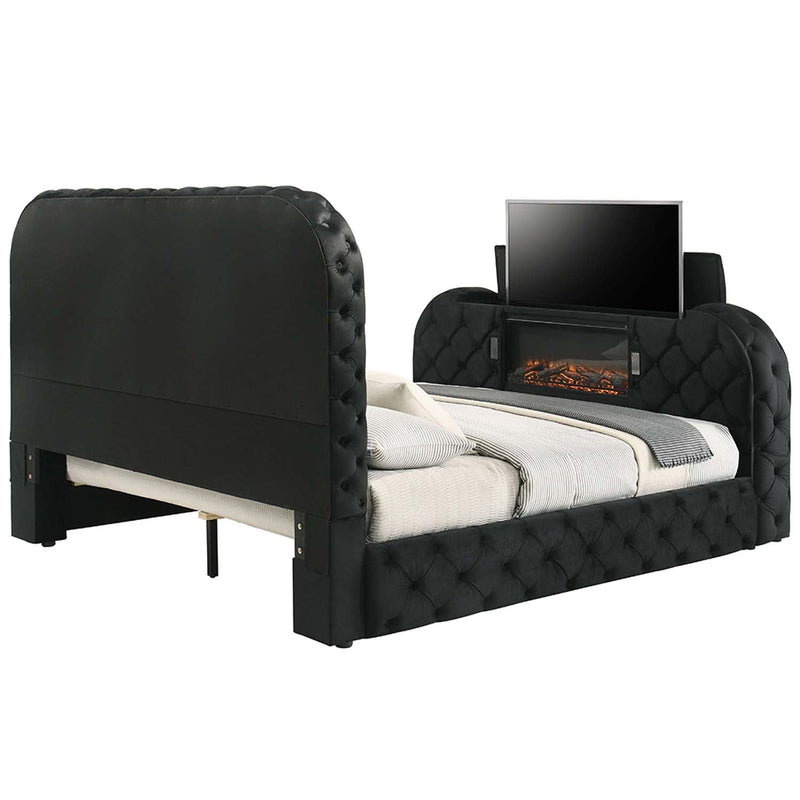 Kana Queen Bed w/LED, Fireplace & TV Stand, Black Upholstery Velvet Acme