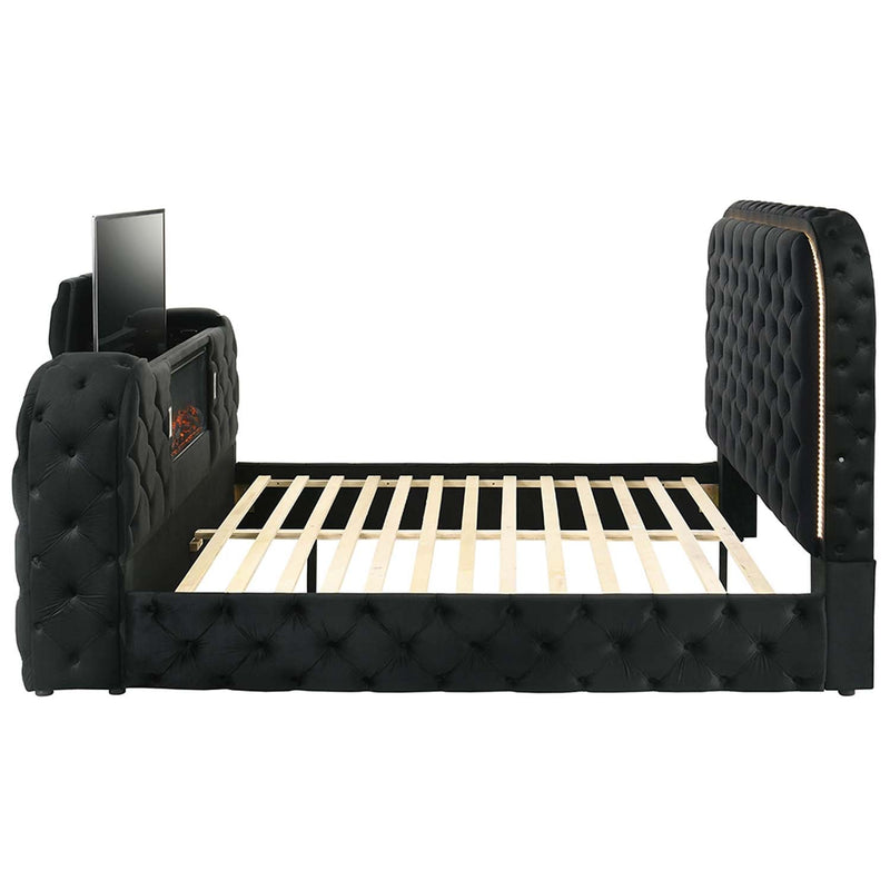 Kana Queen Bed w/LED, Fireplace & TV Stand, Black Upholstery Velvet Acme