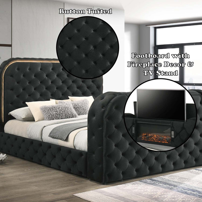 Kana Queen Bed w/LED, Fireplace & TV Stand, Black Upholstery Velvet Acme