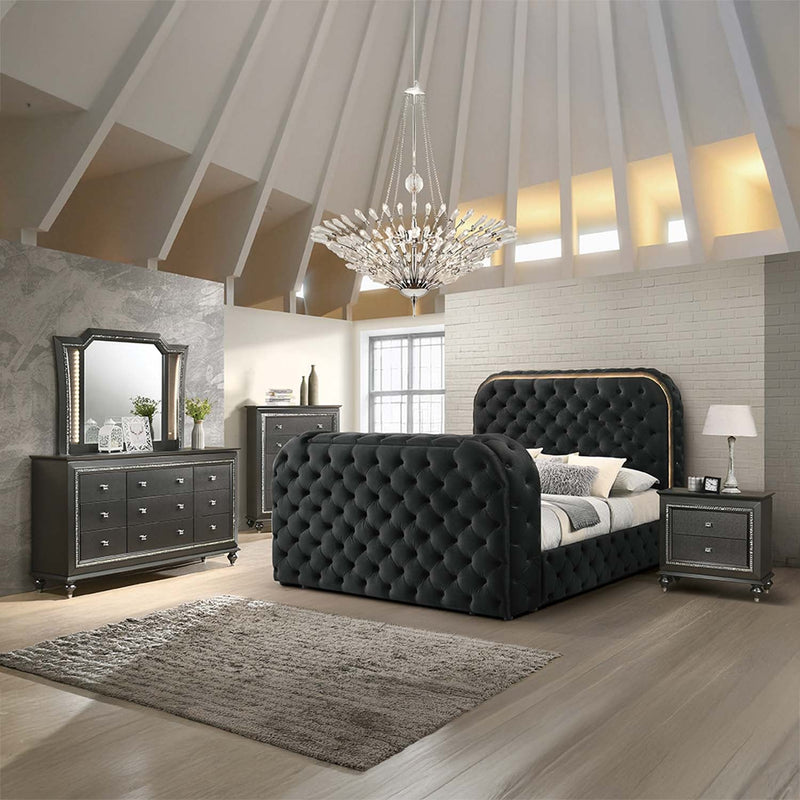 Kana Queen Bed w/LED, Fireplace & TV Stand, Black Upholstery Velvet Acme