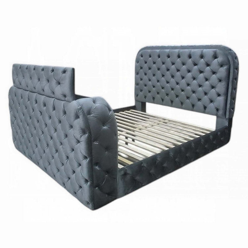 Kana Eastern King Bed w/LED, Fireplace & TV Stand, Gray Upholstery Velvet Acme