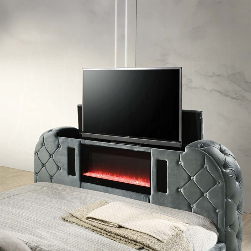 Kana Eastern King Bed w/LED, Fireplace & TV Stand, Gray Upholstery Velvet Acme