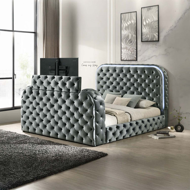 Kana Eastern King Bed w/LED, Fireplace & TV Stand, Gray Upholstery Velvet Acme