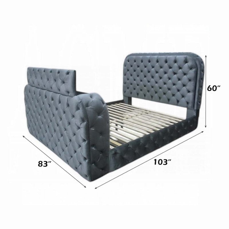 Kana Eastern King Bed w/LED, Fireplace & TV Stand, Gray Upholstery Velvet Acme
