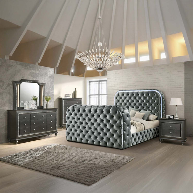 Kana Queen Bed w/LED, Fireplace & TV Stand, Gray Upholstery Velvet Acme