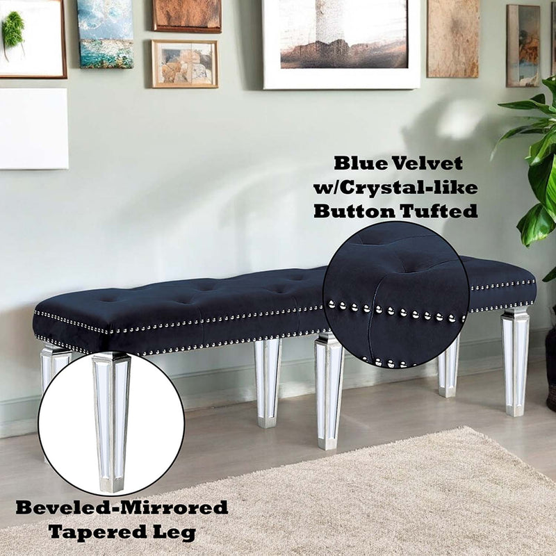 Varian 60" Bench, Dark Navy Velvet & Mirrored