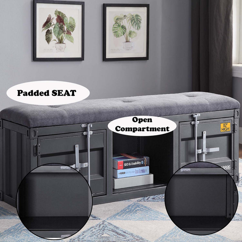 Cargo 56" Bench, Gray Fabric & Gunmetal Finish