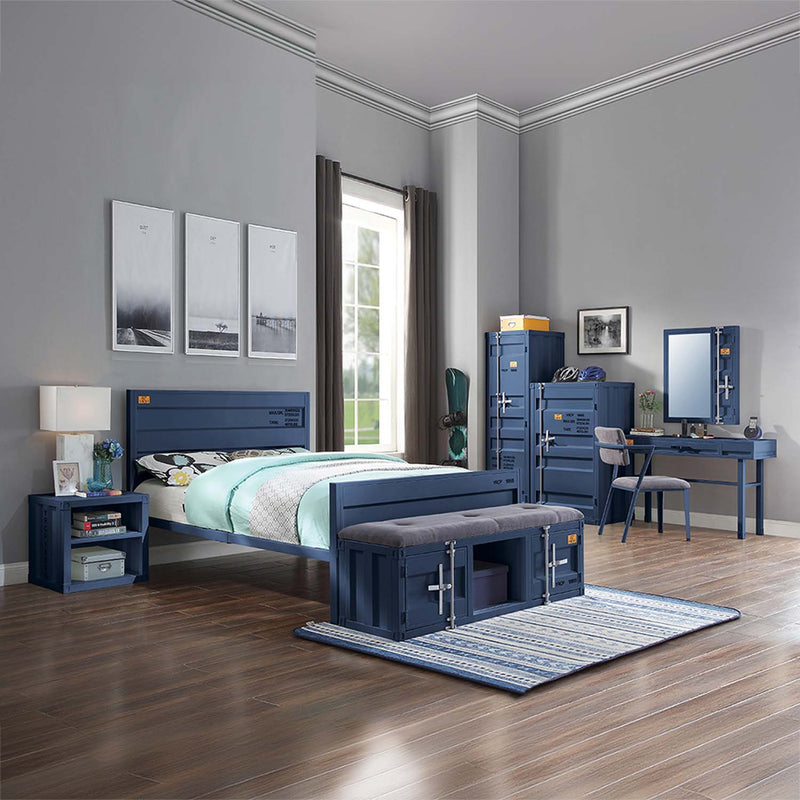 Cargo 56" Bench, Gray Fabric & Blue Finish