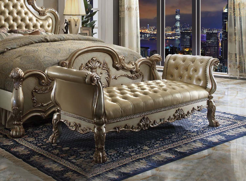 Dresden 78" Bench, Bone Faux Leather & Gold Patina Finish