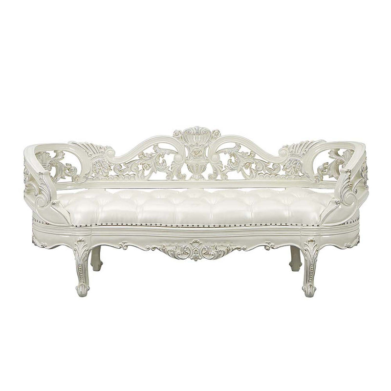 Adara 76" Bench, Pearl White Faux Leather & Antique White Finish