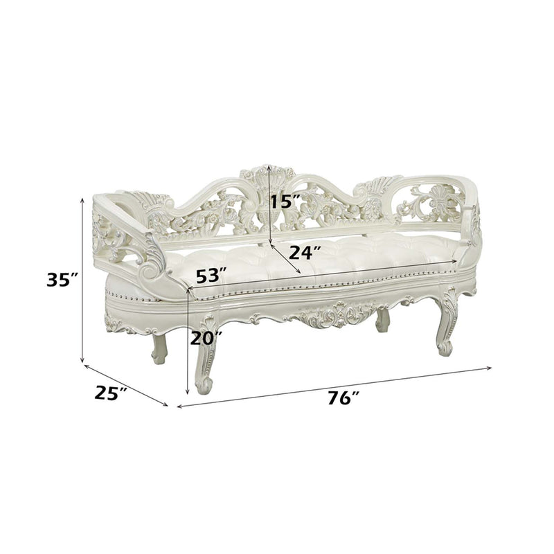 Adara 76" Bench, Pearl White Faux Leather & Antique White Finish