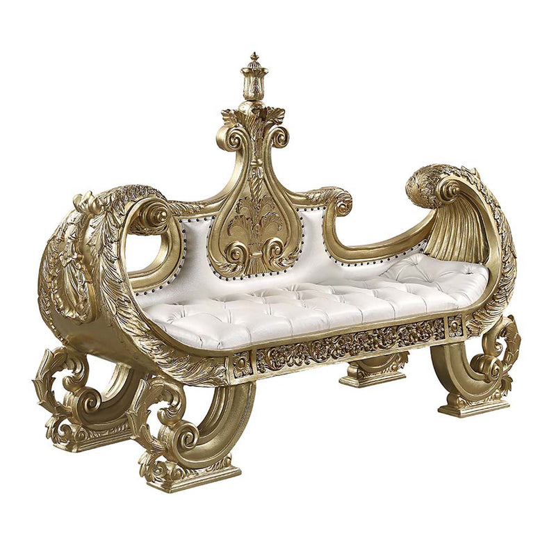 Bernadette 71" Bench, White Faux Leather Fabric & Gold Finish