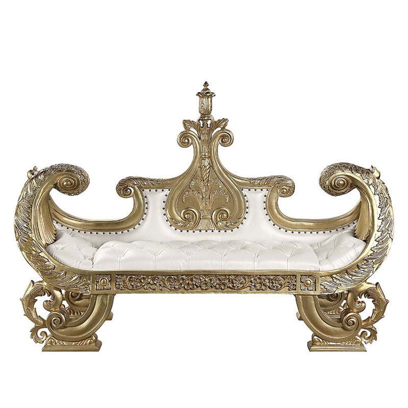 Bernadette 71" Bench, White Faux Leather Fabric & Gold Finish