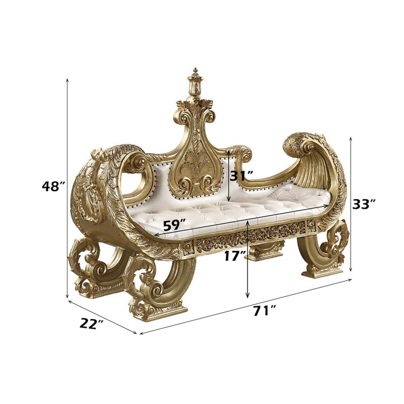 Bernadette 71" Bench, White Faux Leather Fabric & Gold Finish