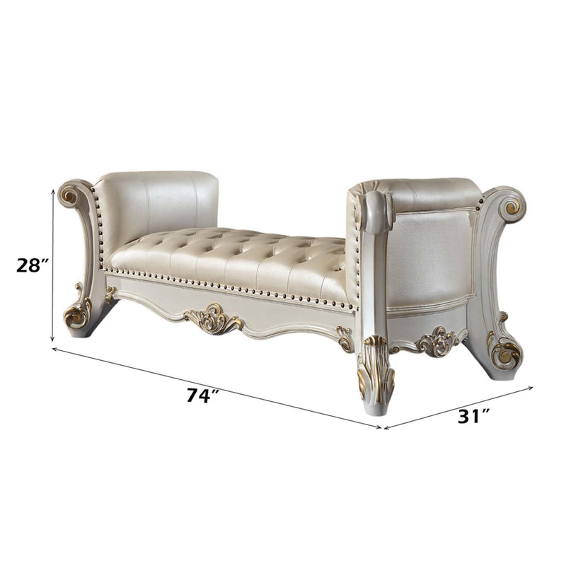 Vendome 74" Bench, Pearl Faux Leather & Antique Pearl Finish