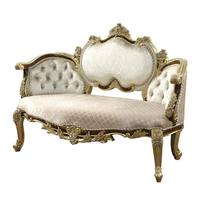 Desiderius 70" Bench, Beige Fabric, Antique Gold & Hand Paint Brown