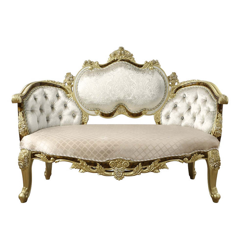 Desiderius 70" Bench, Beige Fabric, Antique Gold & Hand Paint Brown