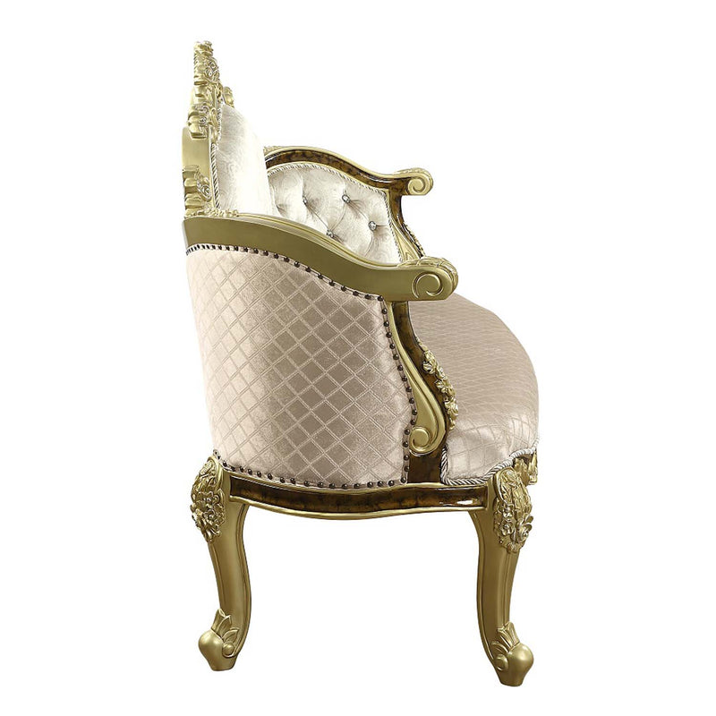 Desiderius 70" Bench, Beige Fabric, Antique Gold & Hand Paint Brown