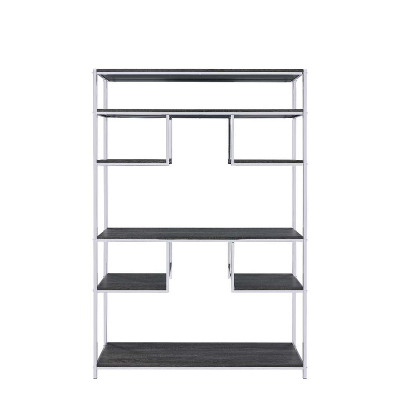 Vonara Bookshelf, Rustic Gray Oak & Chrome Finish Acme