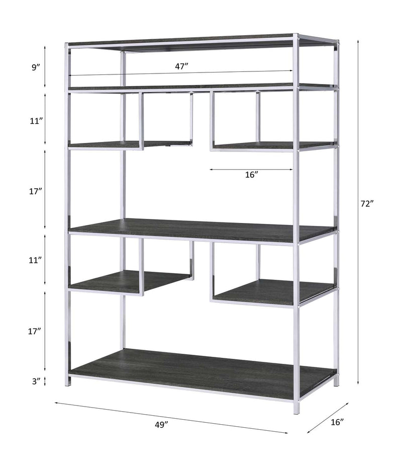 Vonara Bookshelf, Rustic Gray Oak & Chrome Finish Acme