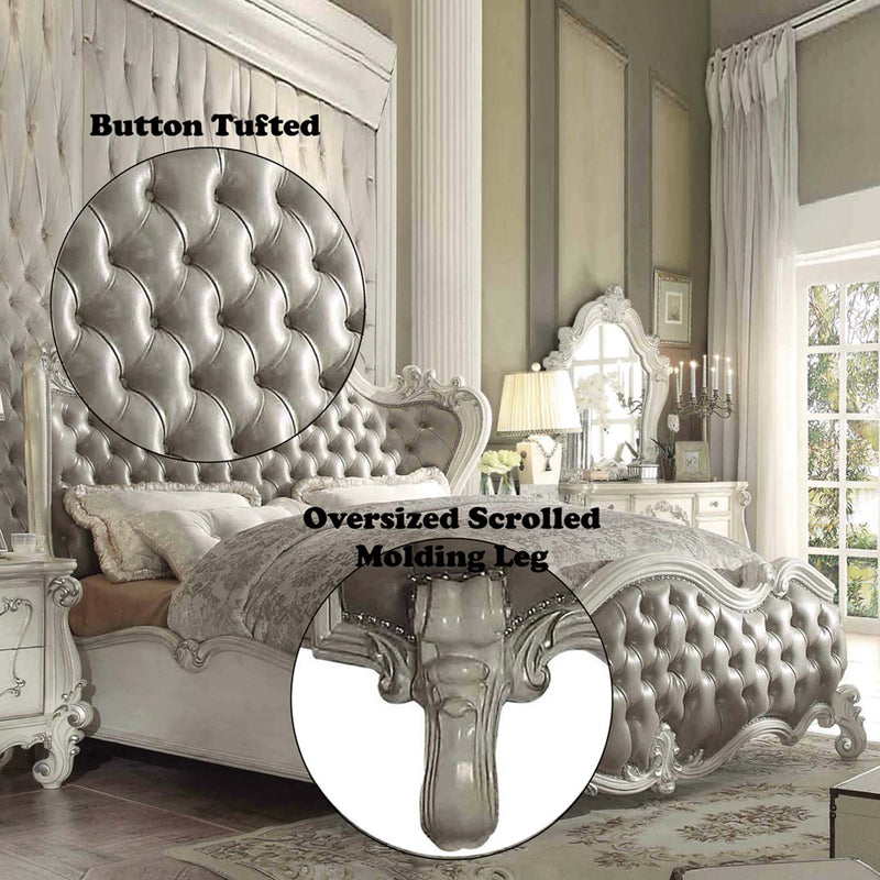 Versailles California King Bed, Vintage Gray Faux Leather & Bone White Finish Acme