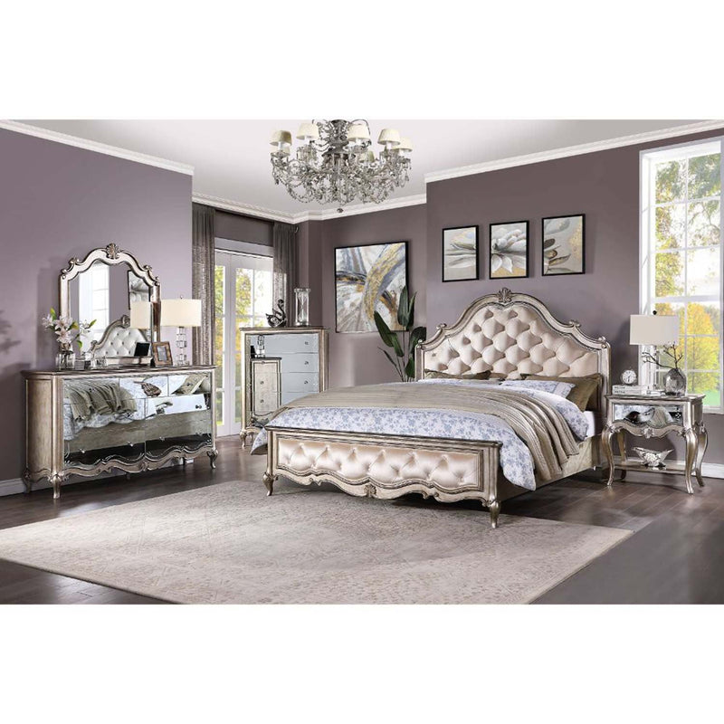 Esteban Queen Bed, Ivory Velvet & Antique Champagne Finish Acme