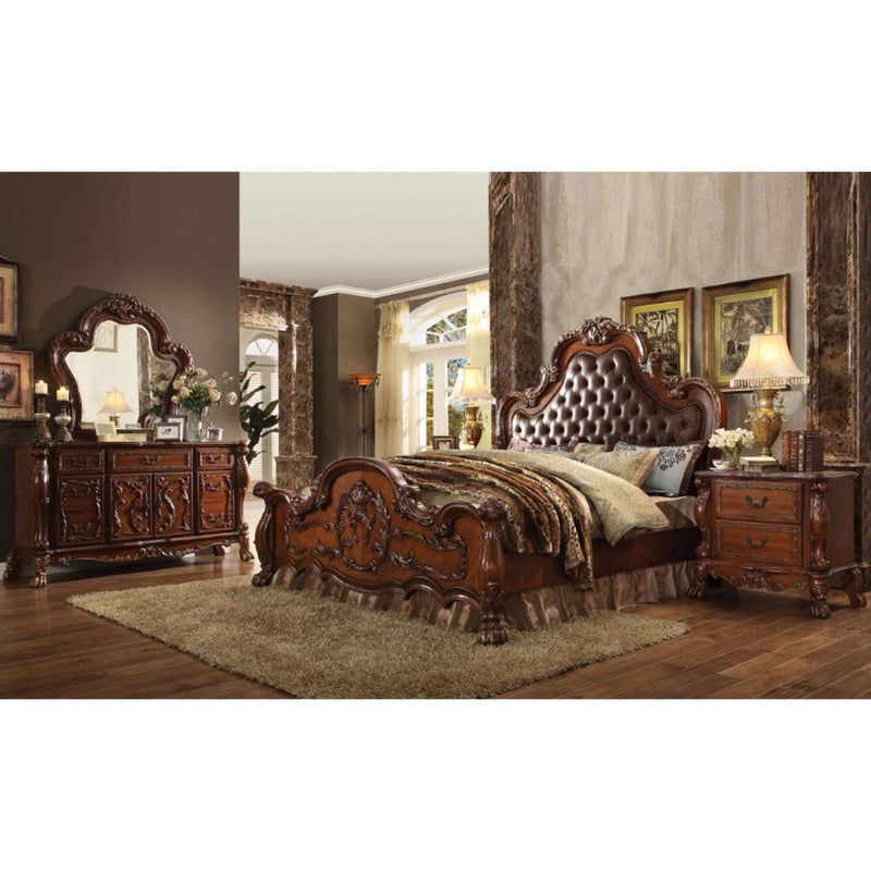 Dresden California King Bed, Cherry Faux Leather & Cherry Oak Finish Acme