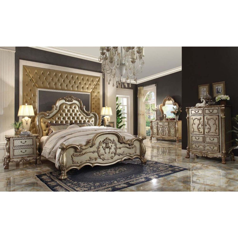 Dresden California King Bed, Bone Faux Leather & Gold Patina Finish Acme