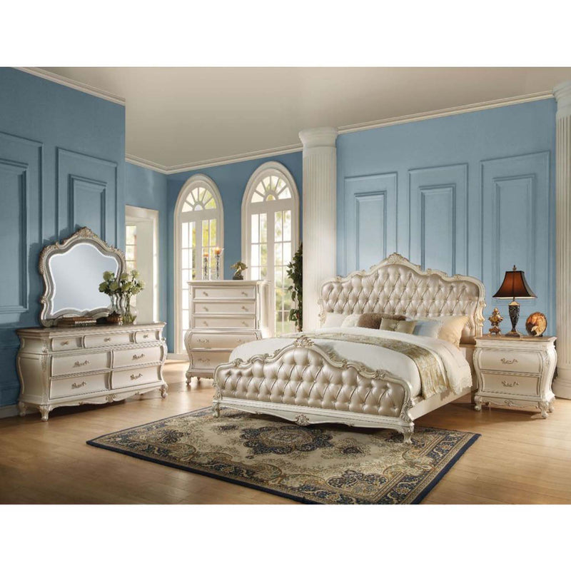 Chantelle California King Bed, Rose Gold Faux Leather & Pearl White Finish Acme